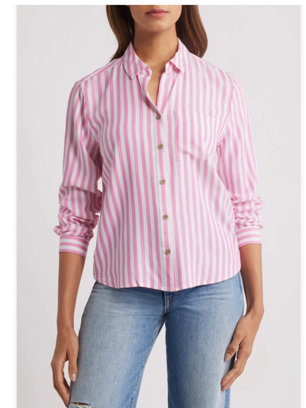 BeachLunchLounge Candace Stripe Pink White Button Down Shirt Womens Medium